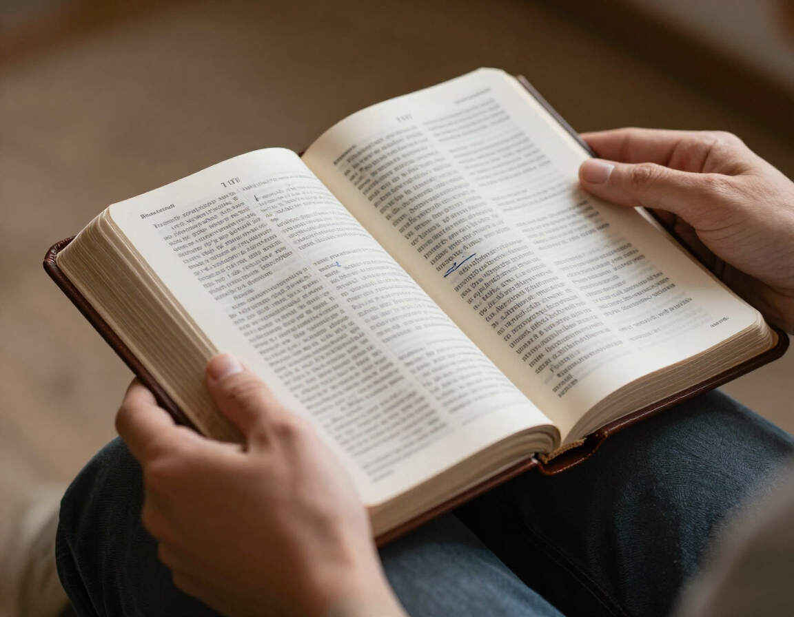 Hands holding an open Bible with study notes