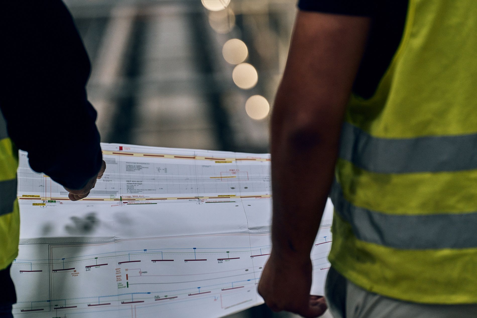 Ein Mann mit einem gelben Schutzhelm geht durch eine Baustelle