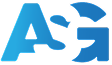 Blue logo featuring a stylized letter 