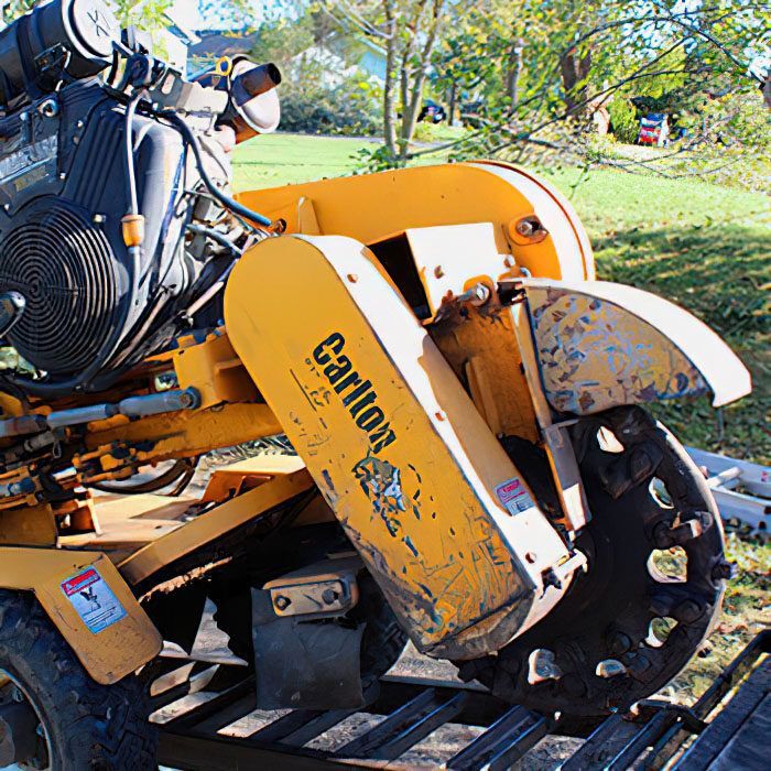 A carlton tree stump grinder is sitting on a trailer