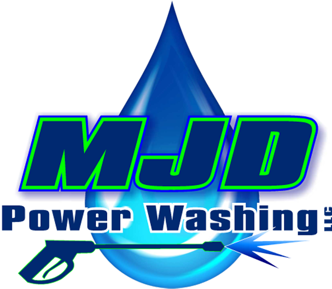 A logo for mjd power washing with a drop of water