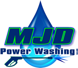 A logo for mjd power washing with a drop of water