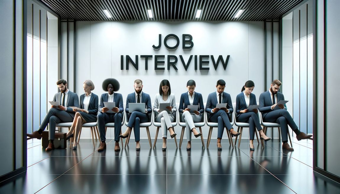 Job interview panel seated in a modern office lobby with “JOB INTERVIEW” sign behind them.