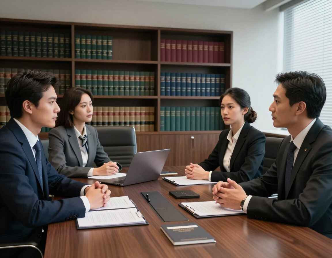 Cuatro profesionales de negocios reunidos alrededor de una mesa de conferencias en una oficina con estanterías detrás.