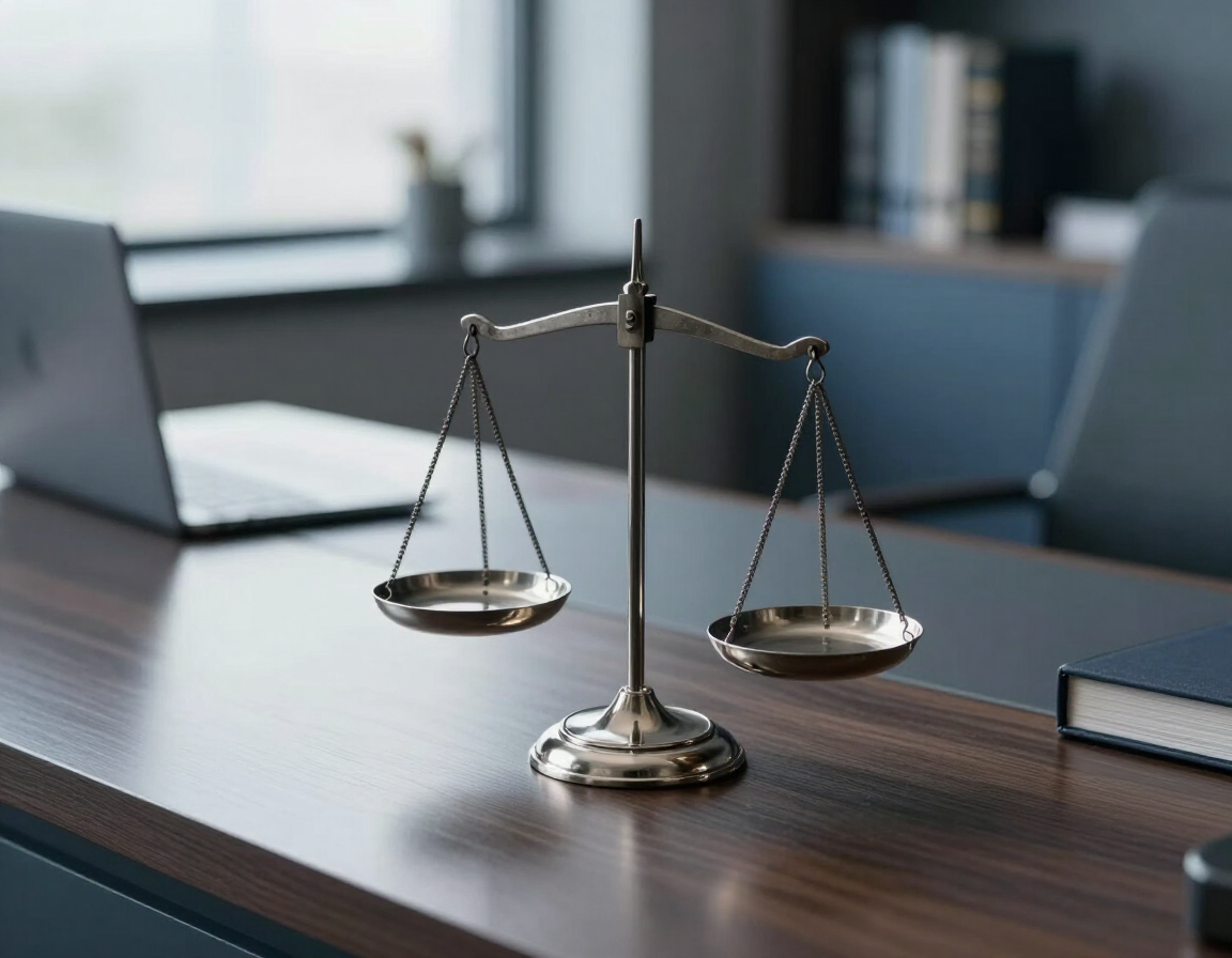 Balanza de la justicia sobre un escritorio en una oficina moderna con un ordenador portátil al fondo.