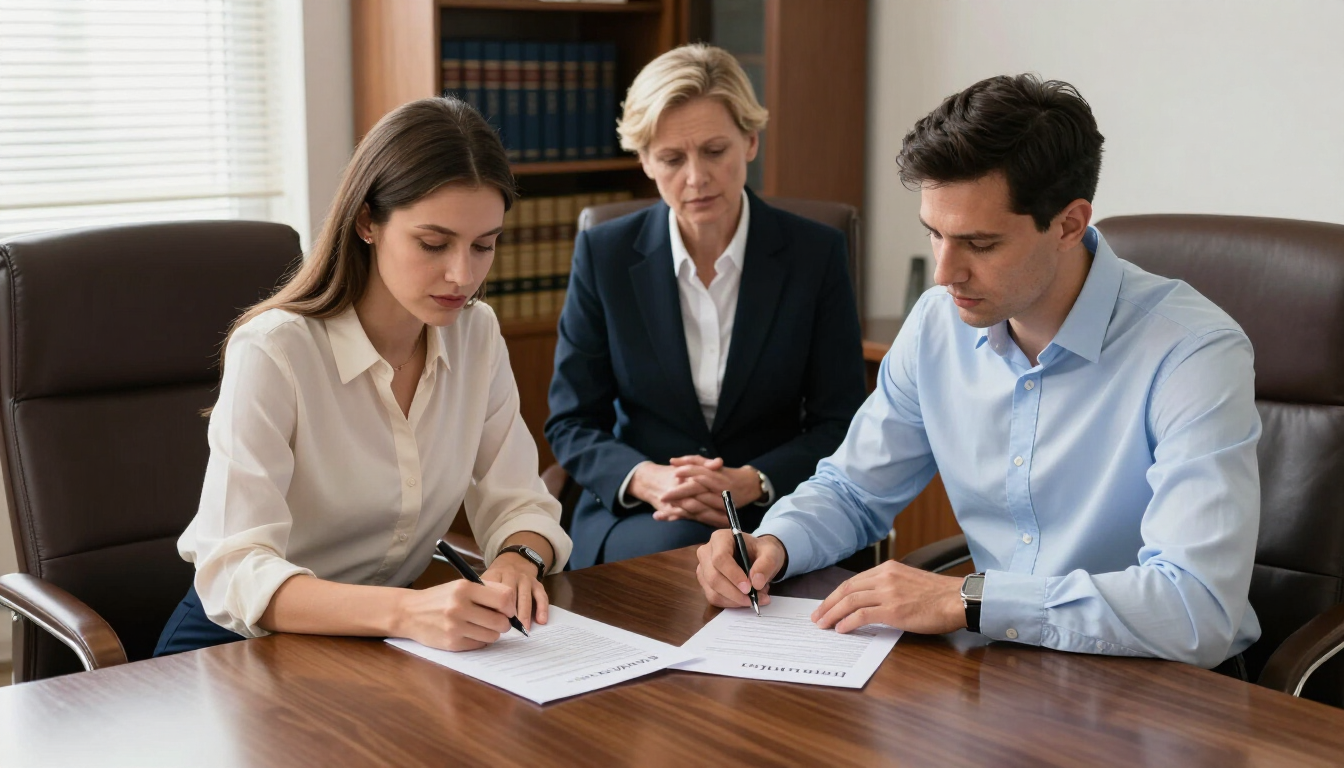Tres personas revisan documentos en una mesa de conferencias en una oficina luminosa.