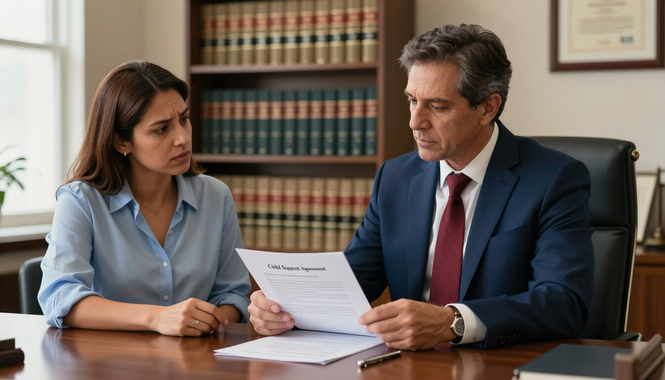 Dos profesionales revisan un documento en un escritorio de una oficina, con estanterías de libros al fondo.