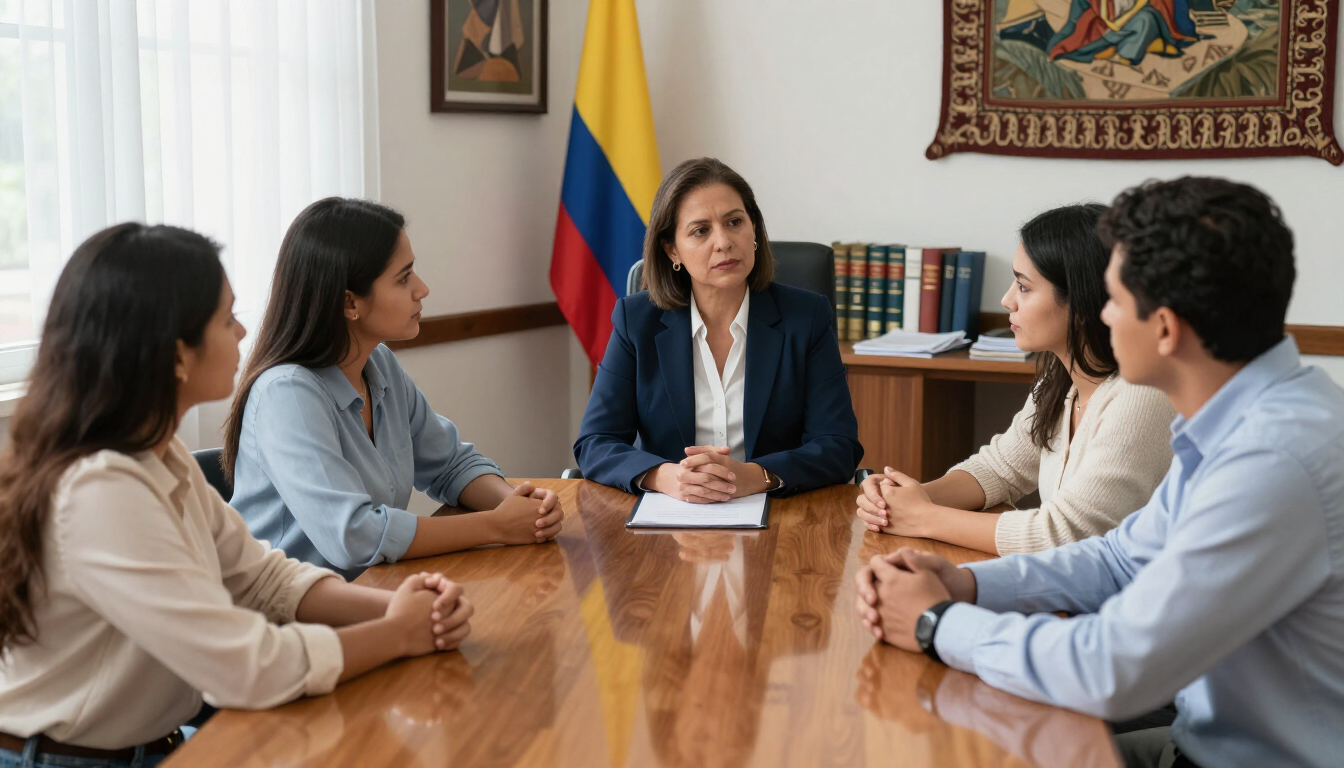 Reunión en una oficina formal con seis personas sentadas