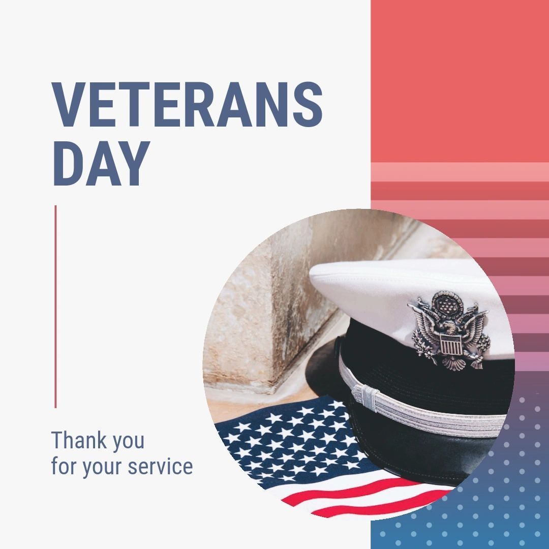 A poster for veterans day with a hat and an american flag