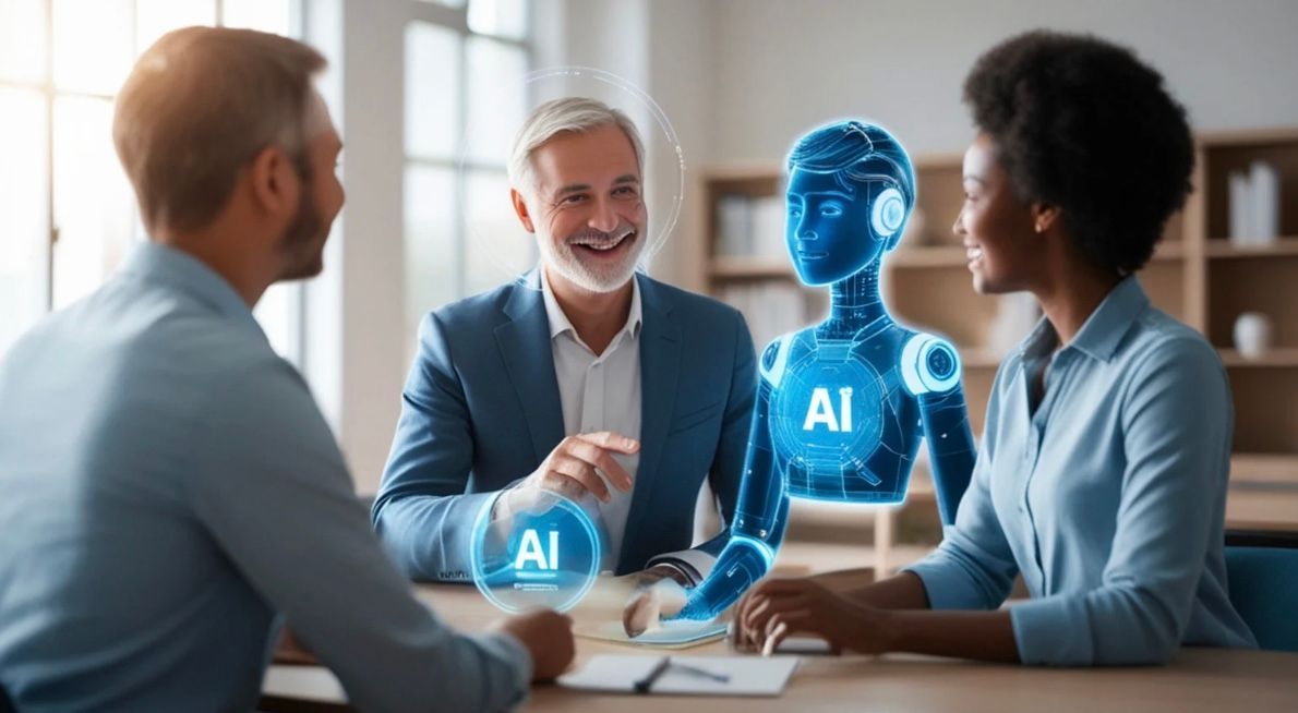 People and AI hologram discussing at a table, sunny office setting.