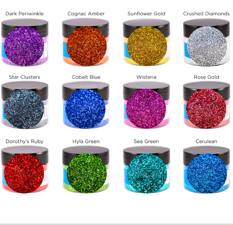 close up of pure glitter set, 12 jars of mica powder