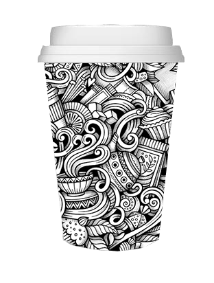 Coffee cup with intricate black and white doodle art design covering the cup.