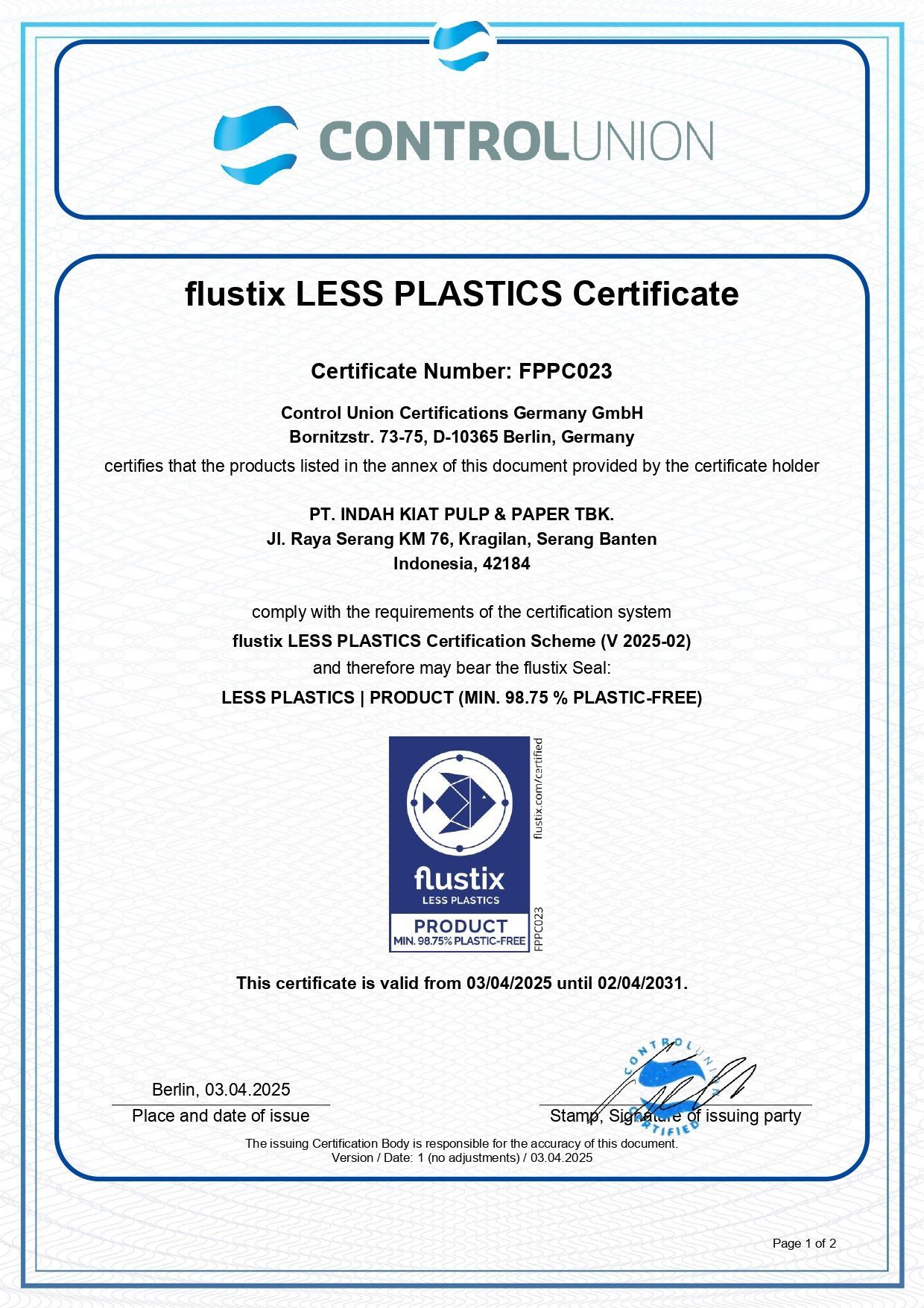 Flustix LESS PLASTICS Certificate from Control Union, certifying product compliance.