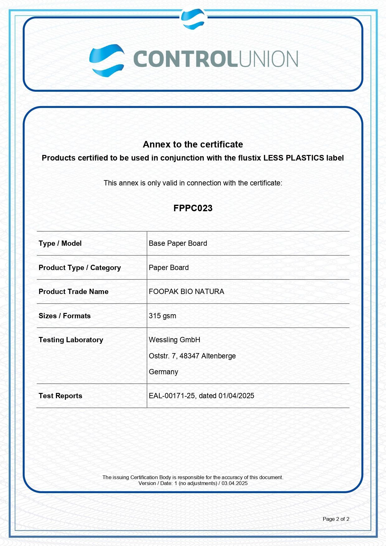 Control Union certificate, detailing information about a business.
