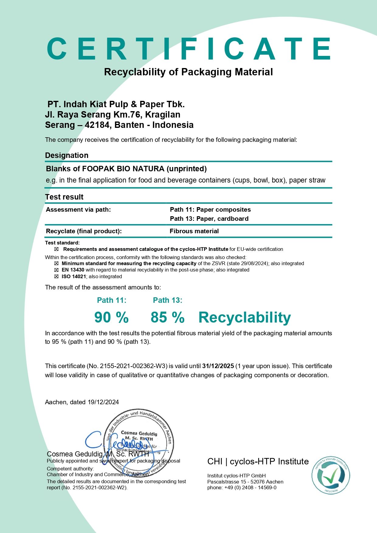 Certificate of recyclability for packaging material from PT. Indah Kiat Pulp & Paper Tbk. with recycling percentages.