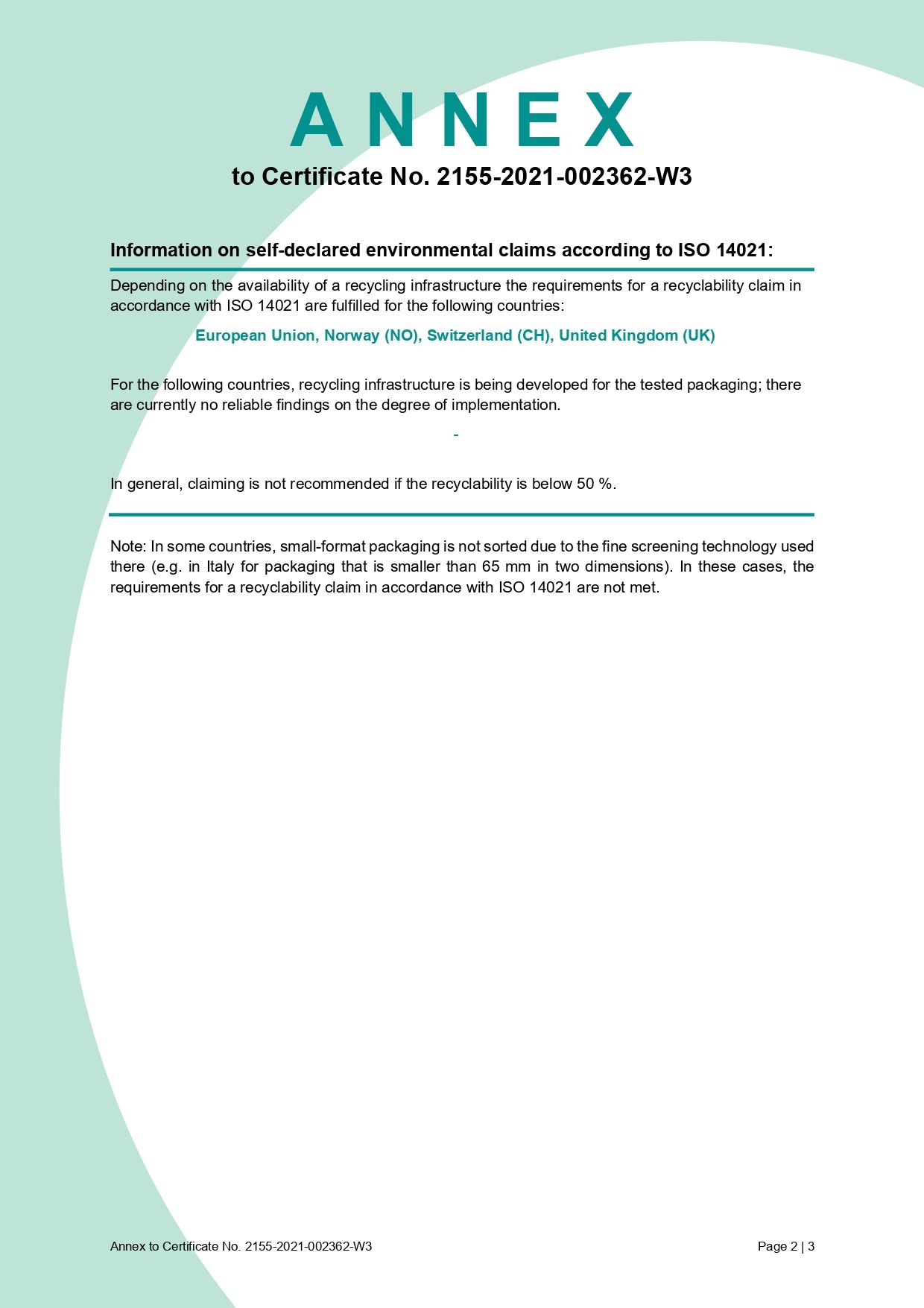Annex certification document with teal and white background, text.