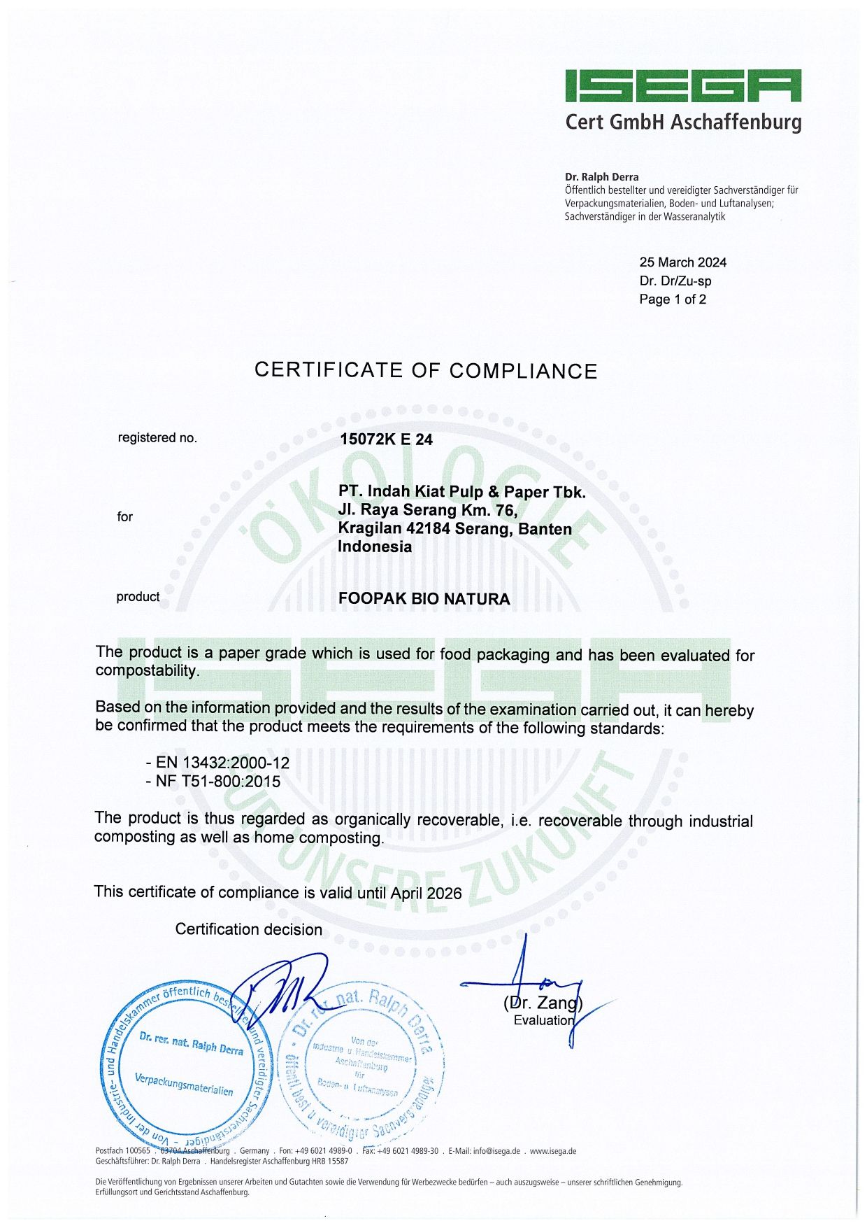 Certificate of Compliance from ISEGA with company details, a seal, and signatures.