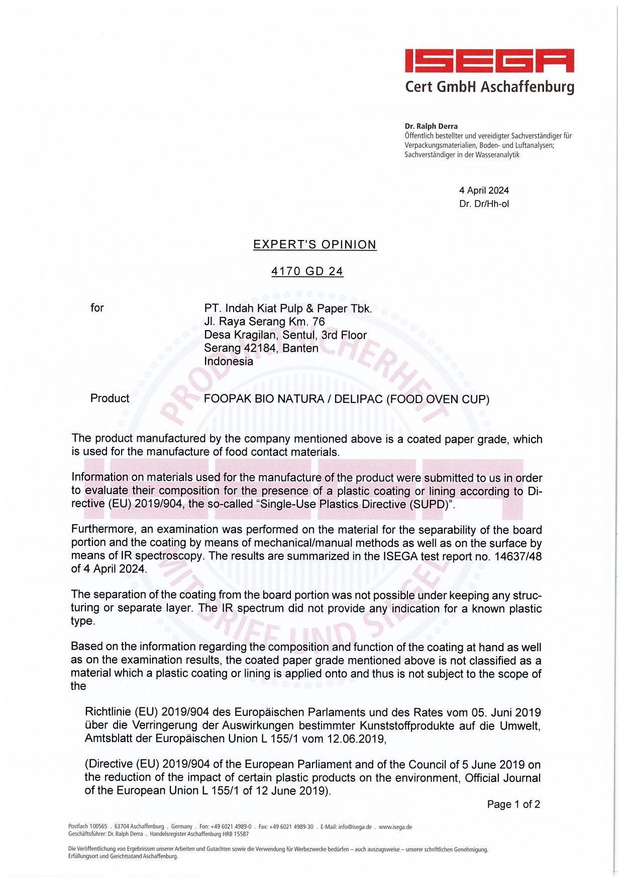 Letterhead from ISEGA, with text about product safety, addressed to a company, page 1 of 3.