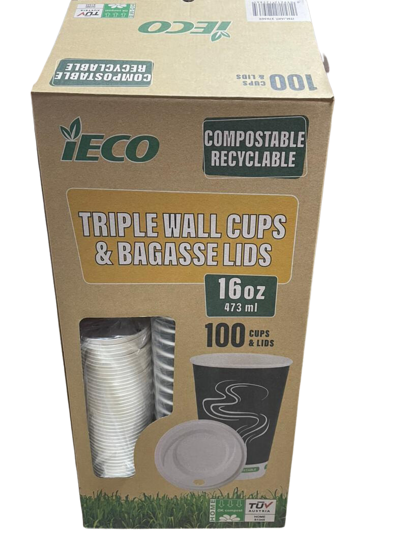 Cardboard box of 16oz triple wall cups and bagasse lids, labeled as compostable and recyclable.