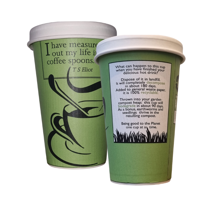 Two green coffee cups with white lids, one with text and a coffee cup illustration, the other with a paragraph of text.