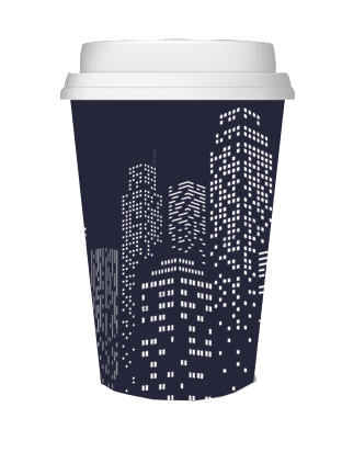 Coffee cup with a dark blue night sky cityscape design.