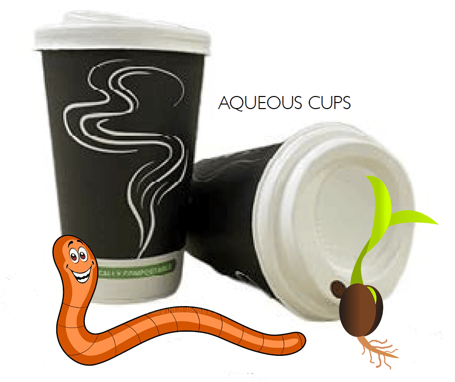 Black coffee cups with white lids, a smiling worm, and a sprouting seed.
