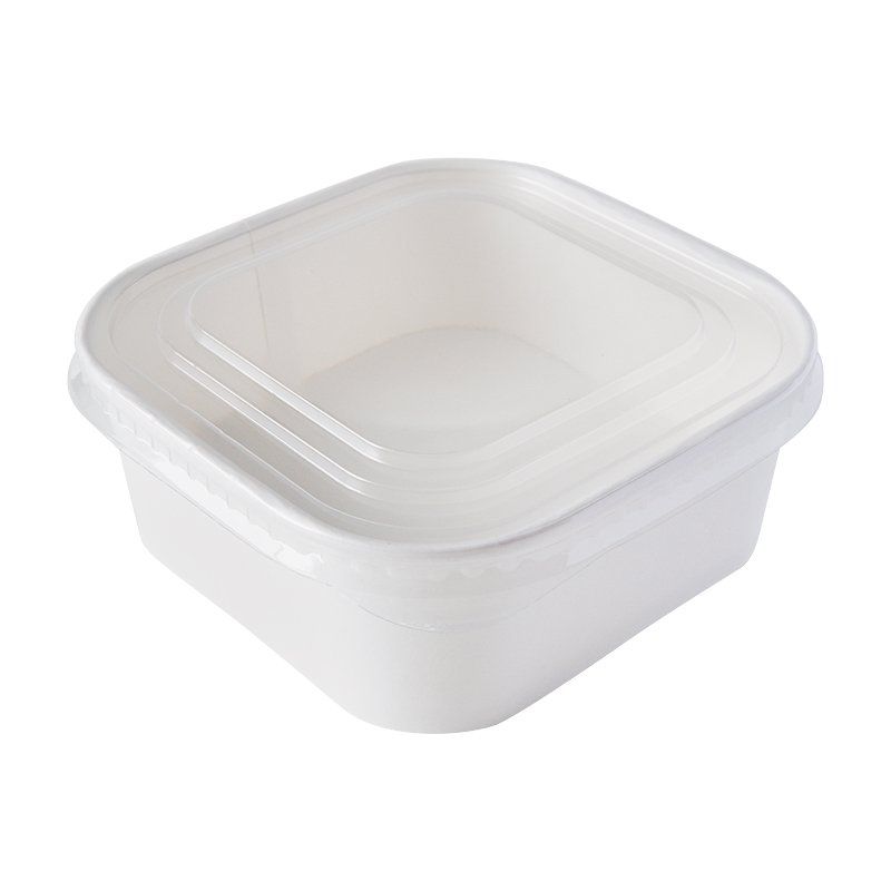White, square takeout container with a clear, fitted lid.