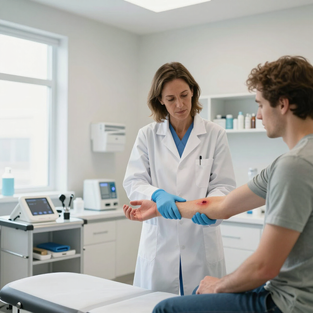 A doctor wearing a white coat and blue gloves examines a red wound on a patient’s forearm in a medical clinic.