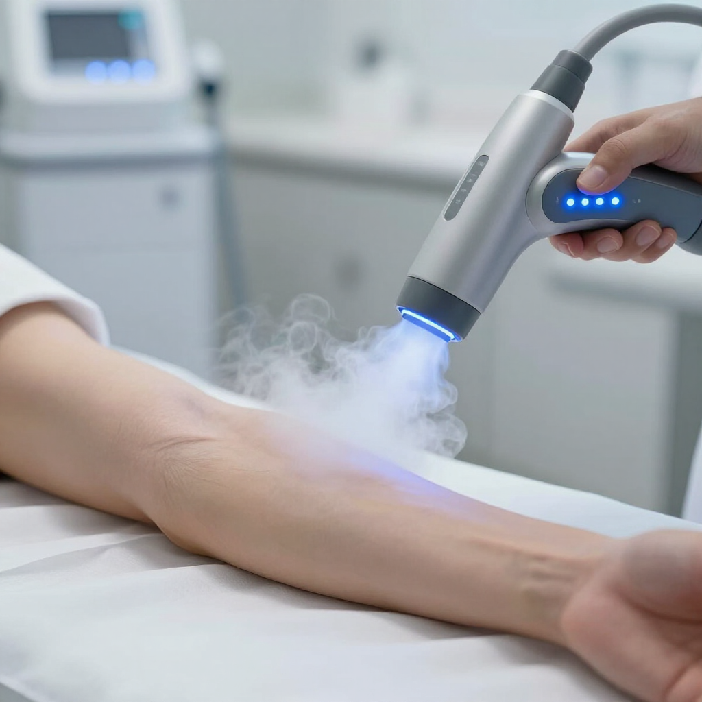 A hand holds a medical device emitting a cold mist onto a patient's arm during a clinical procedure.