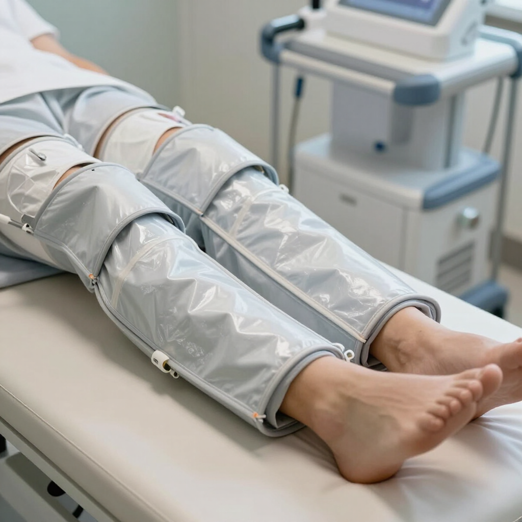 Person receiving sequential compression therapy on their legs with pneumatic sleeves on a medical treatment table.