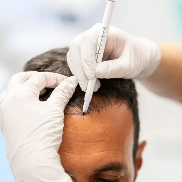 A medical professional wearing gloves and glasses performs a hair transplant procedure on a patient in a clinical setting.