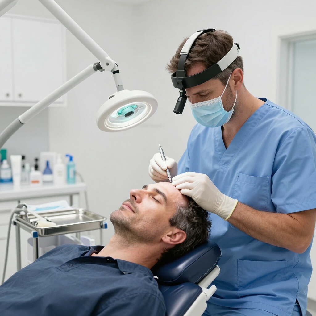 A medical professional in scrubs and a headlamp performs a hair restoration procedure on a patient in a clinic.