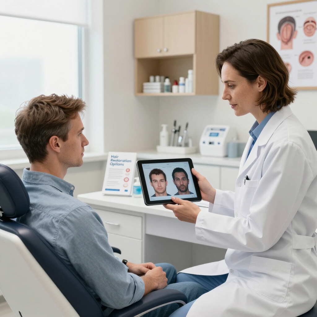 A professional in a lab coat shows a tablet with before-and-after photos to a patient in a clinical office setting.