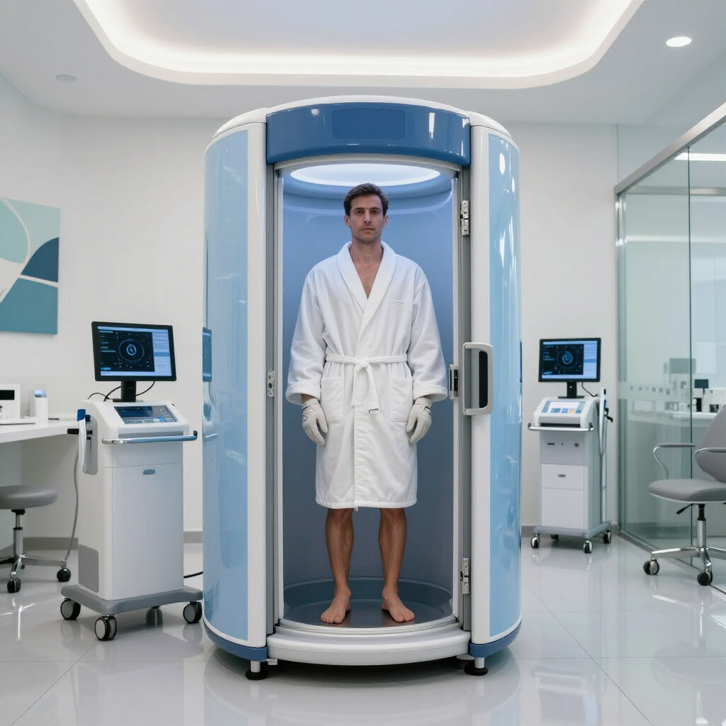 A person in a white bathrobe stands inside a blue cylindrical medical scanning pod in a clinical, brightly lit room.