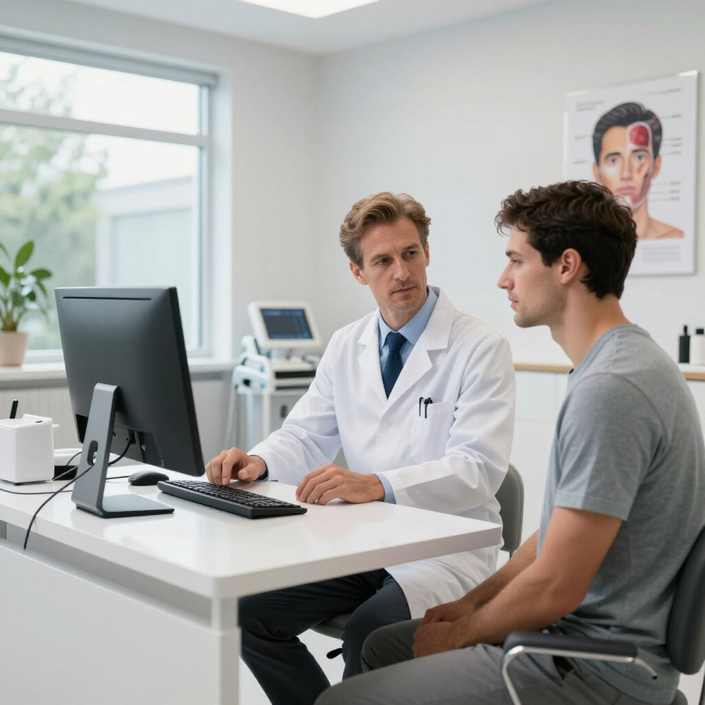 A doctor in a white coat sitting at a desk with a computer, talking to a patient in an office.