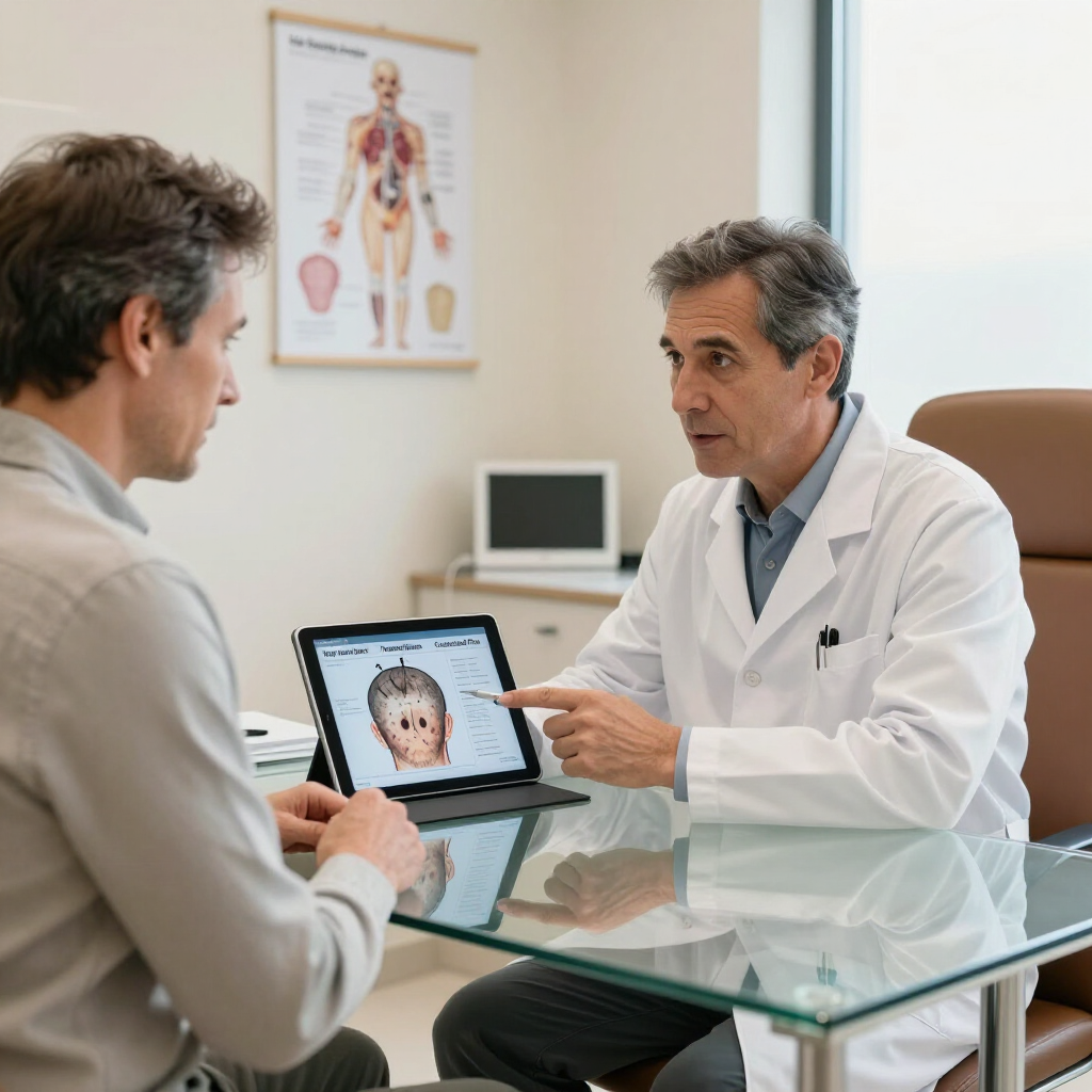 A doctor in a white coat sits at a desk and points to a digital diagram of a scalp on a tablet for a patient.