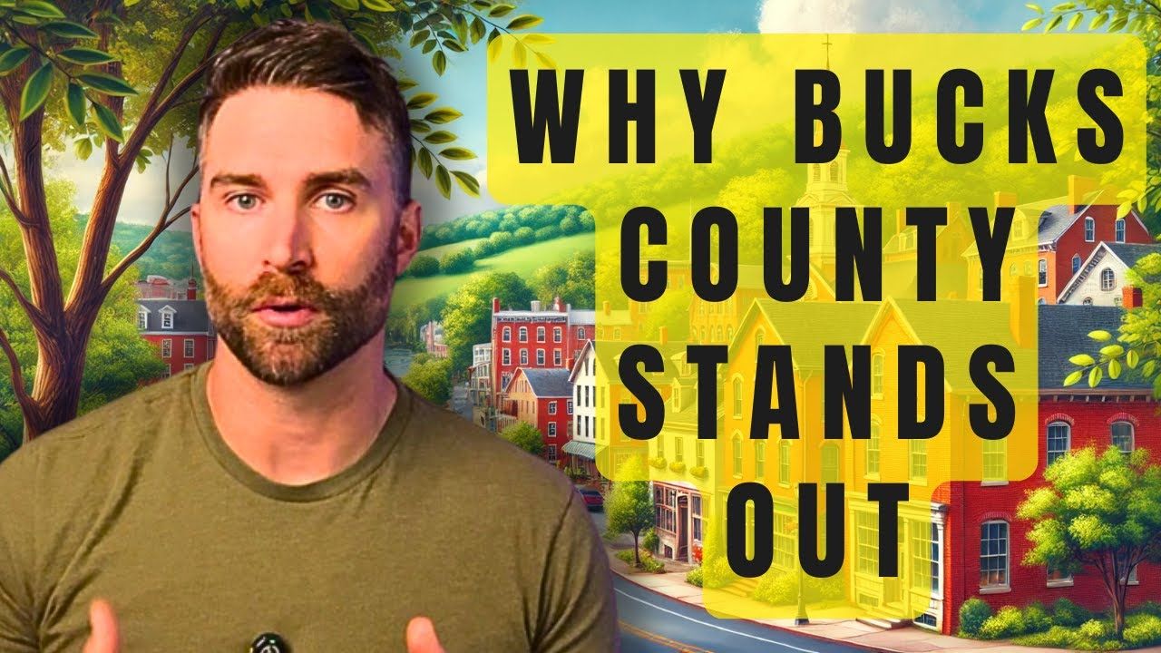 Man in green shirt speaks in front of Bucks County backdrop. Text overlay reads 
