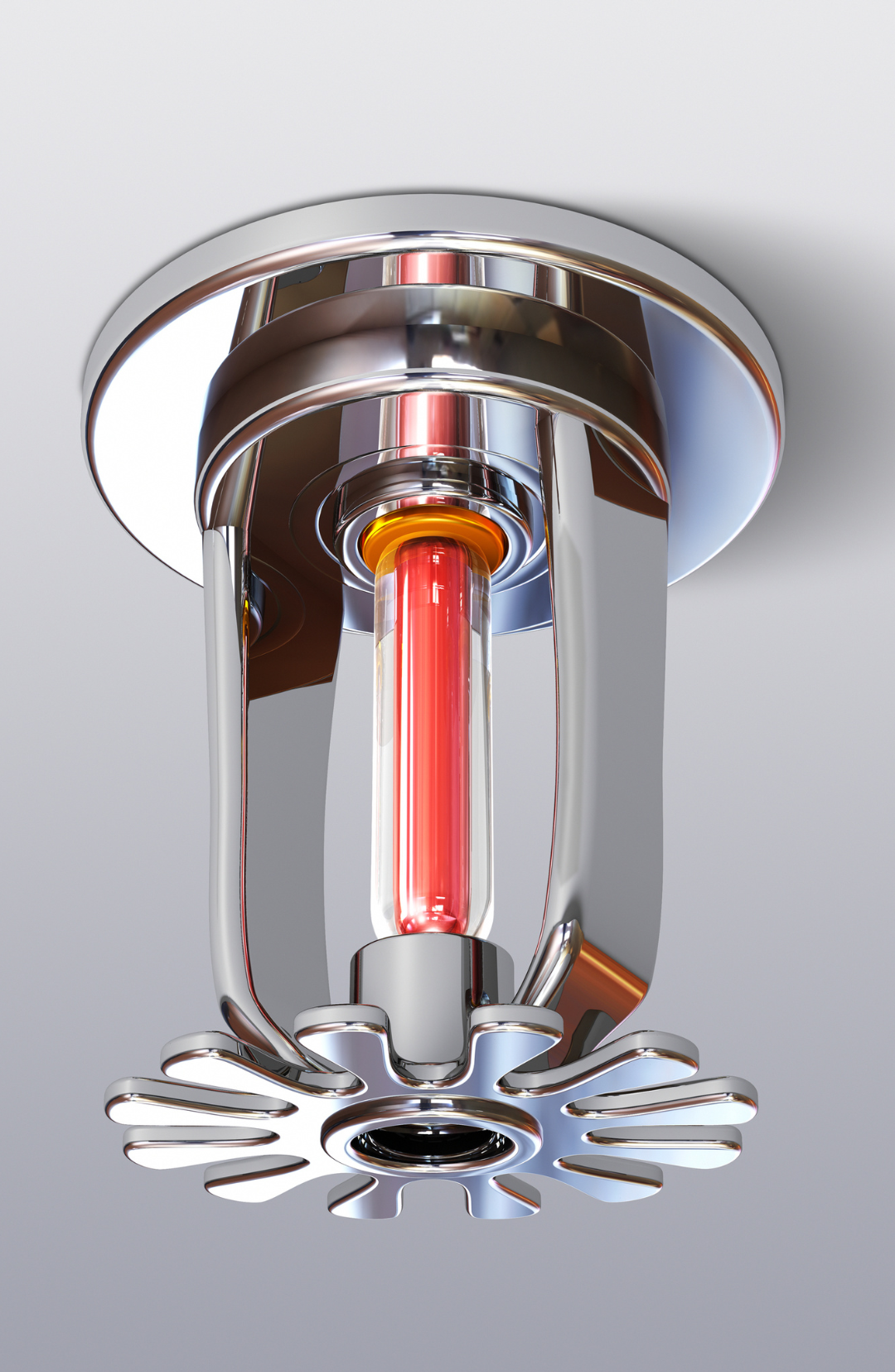 A fire sprinkler with a red light on it is hanging from the ceiling.