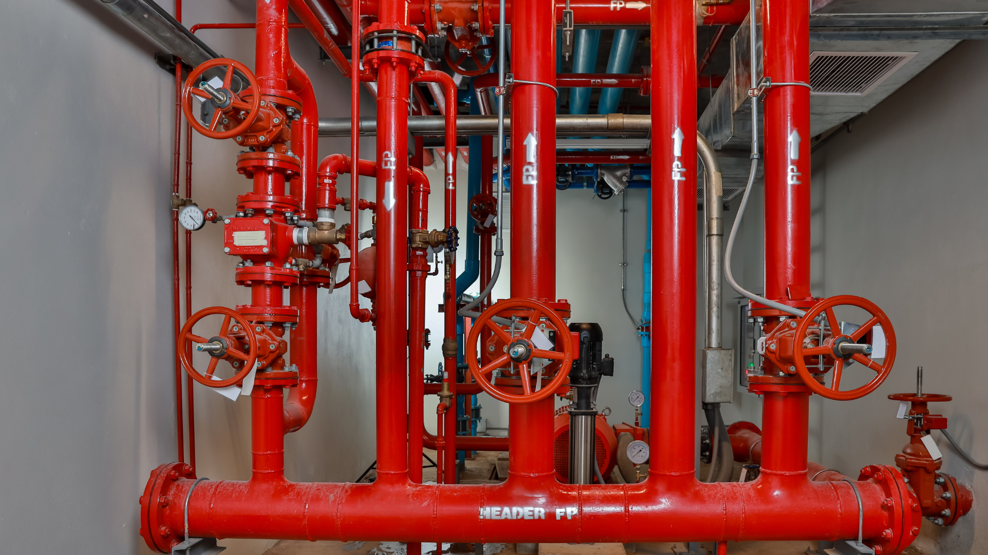 A room filled with lots of red pipes and valves.