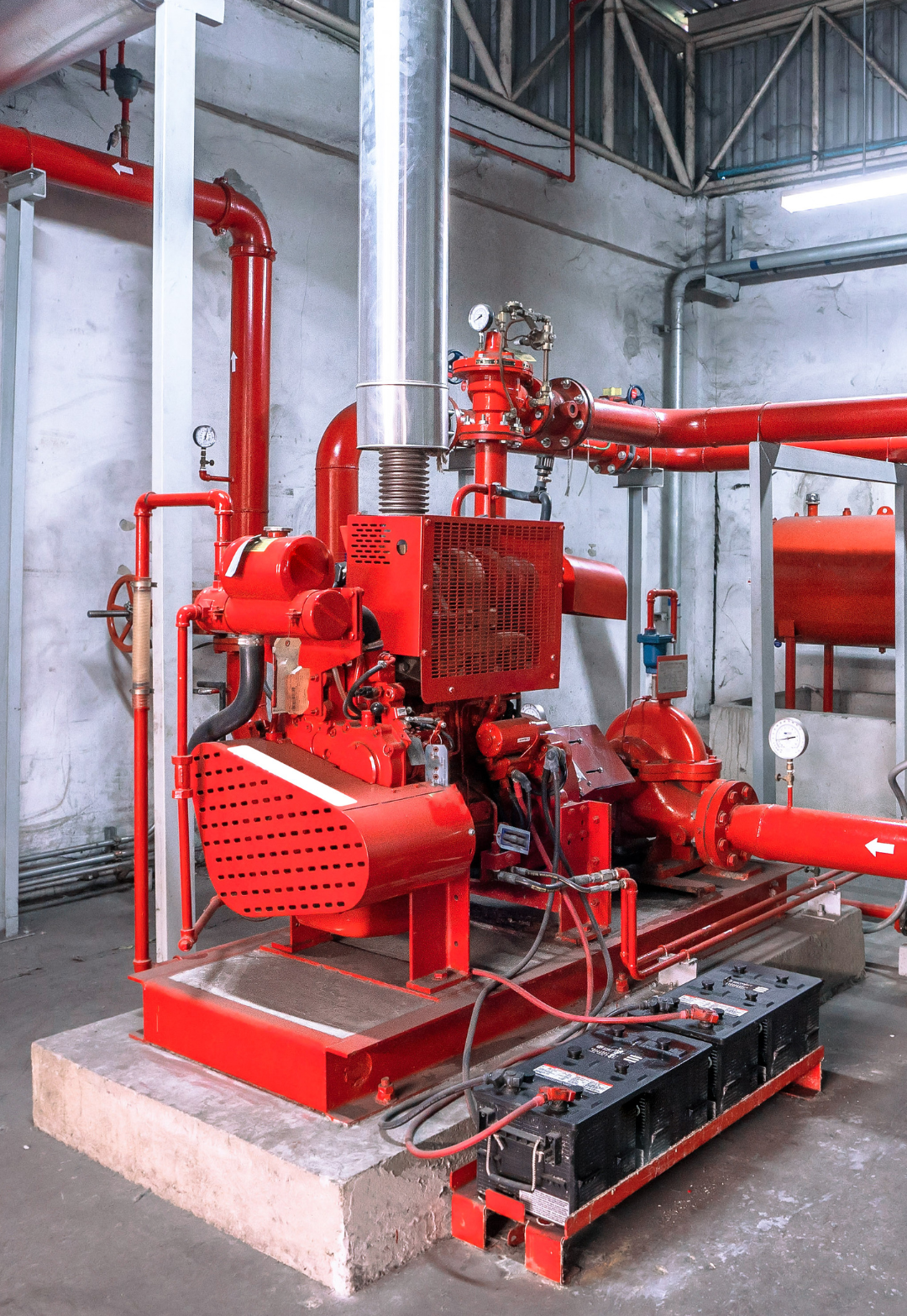 A large red machine is sitting in a room with a lot of pipes.