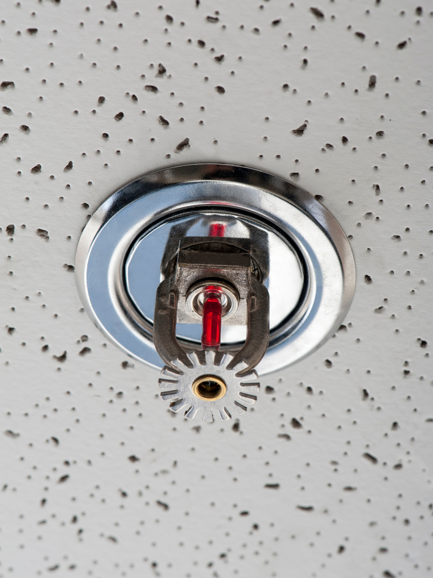 A fire sprinkler is hanging from the ceiling