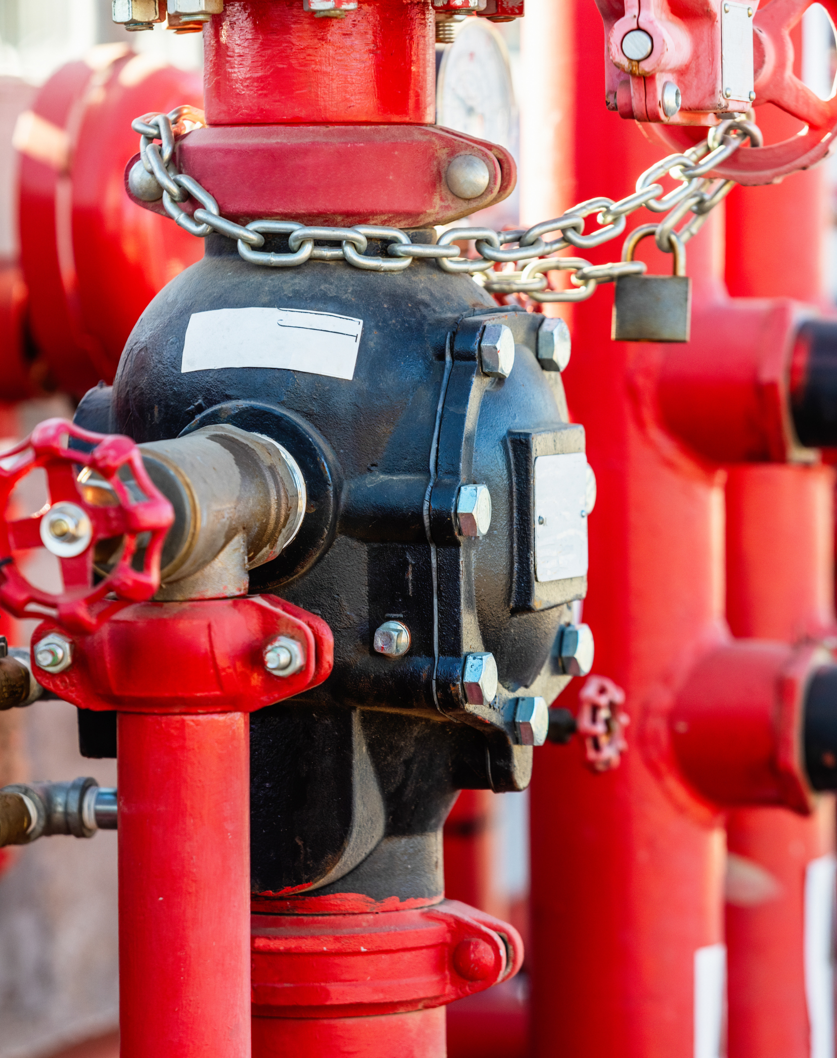 A close up of a fire hydrant with red handles and chains.