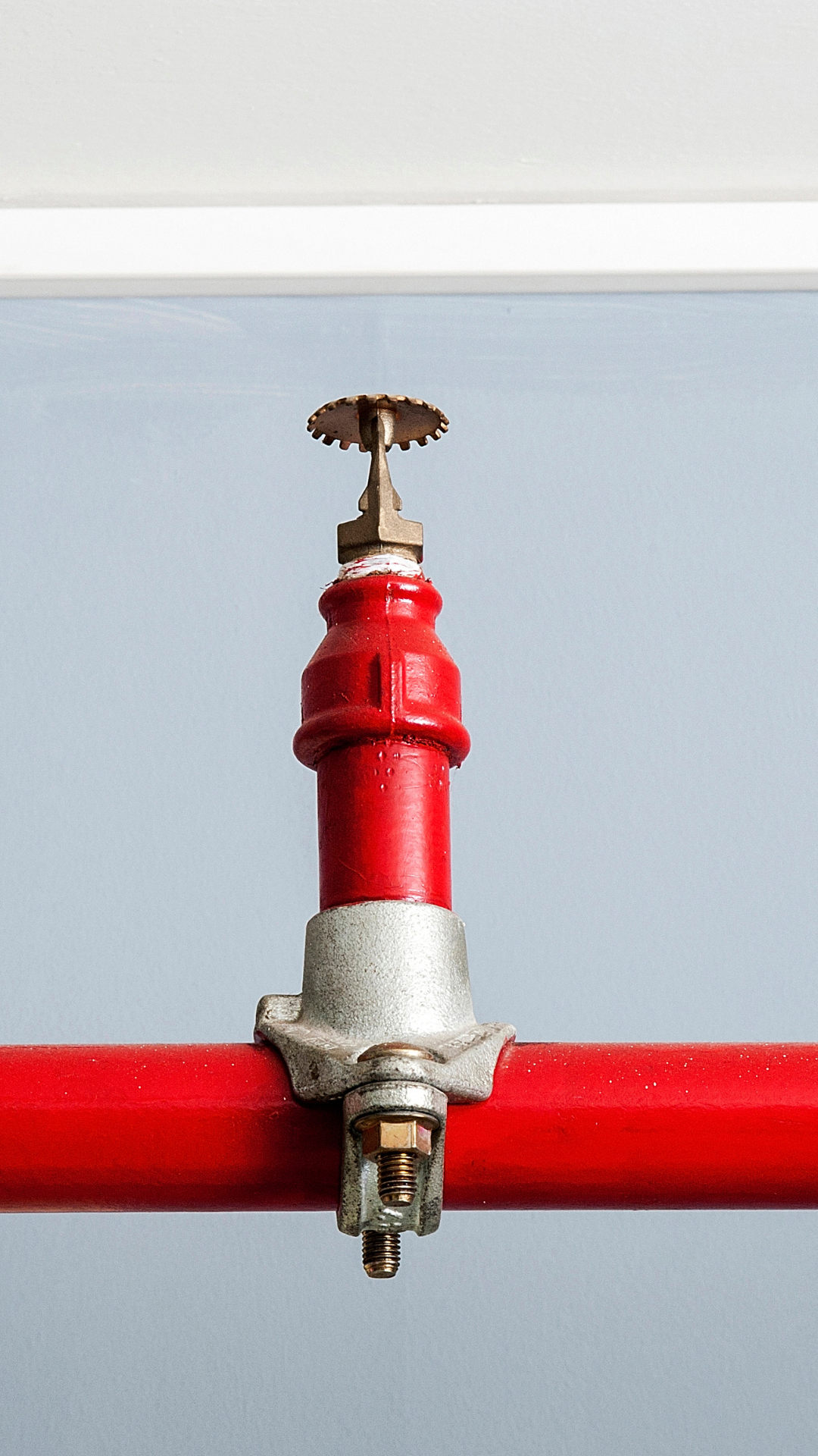 A red fire sprinkler is attached to a red pipe.