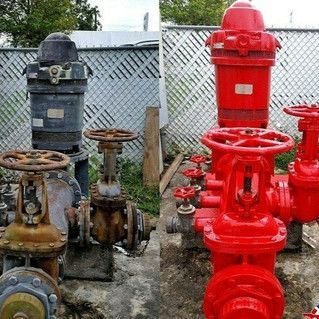 Two pictures of a fire hydrant before and after being painted red.