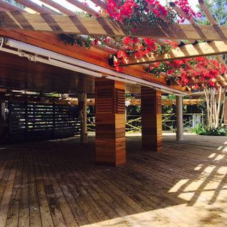 A wooden deck with a pergola and flowers on it.