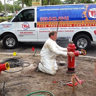 A man is kneeling down next to a fire hydrant in front of a van.