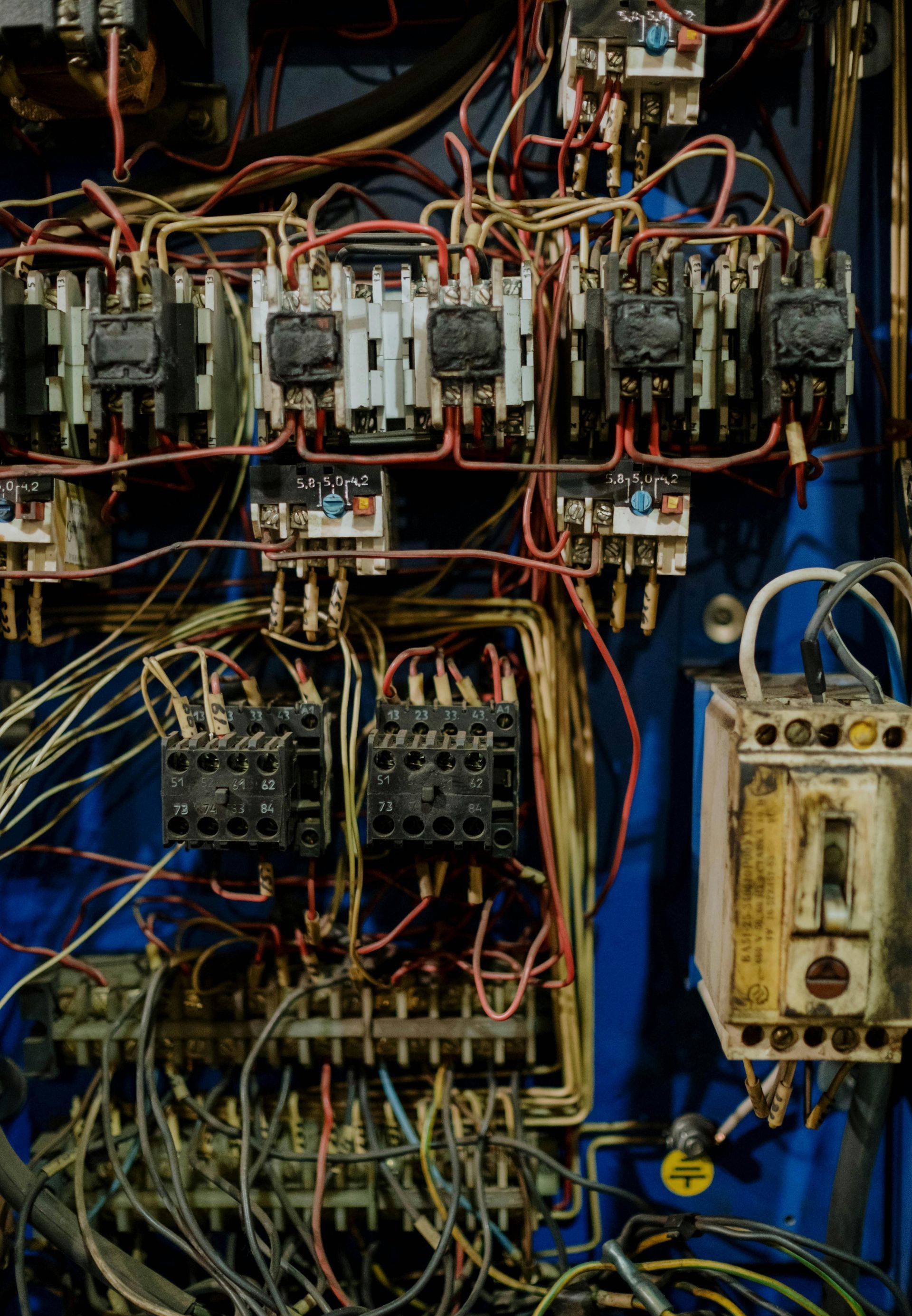 A close up of a very old electrical panel with a lot of wires.