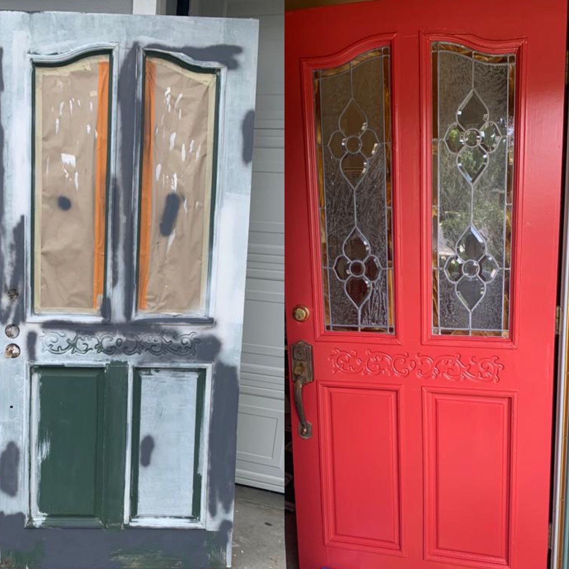 A before and after picture of a red door with stained glass windows.