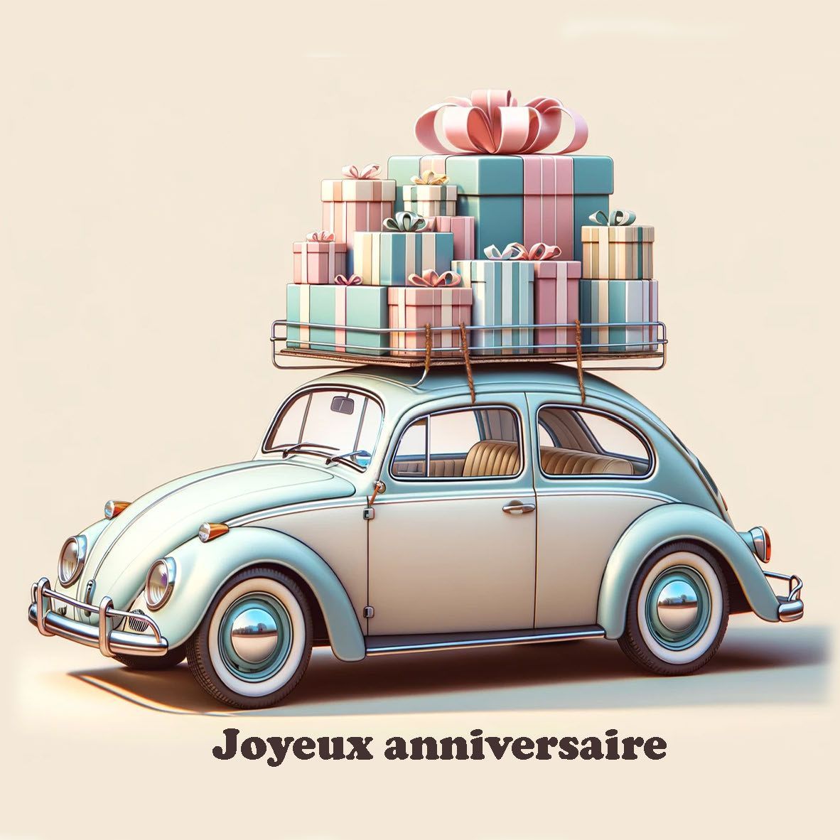 carte de la voiture coccinelle chargée de cadeaux