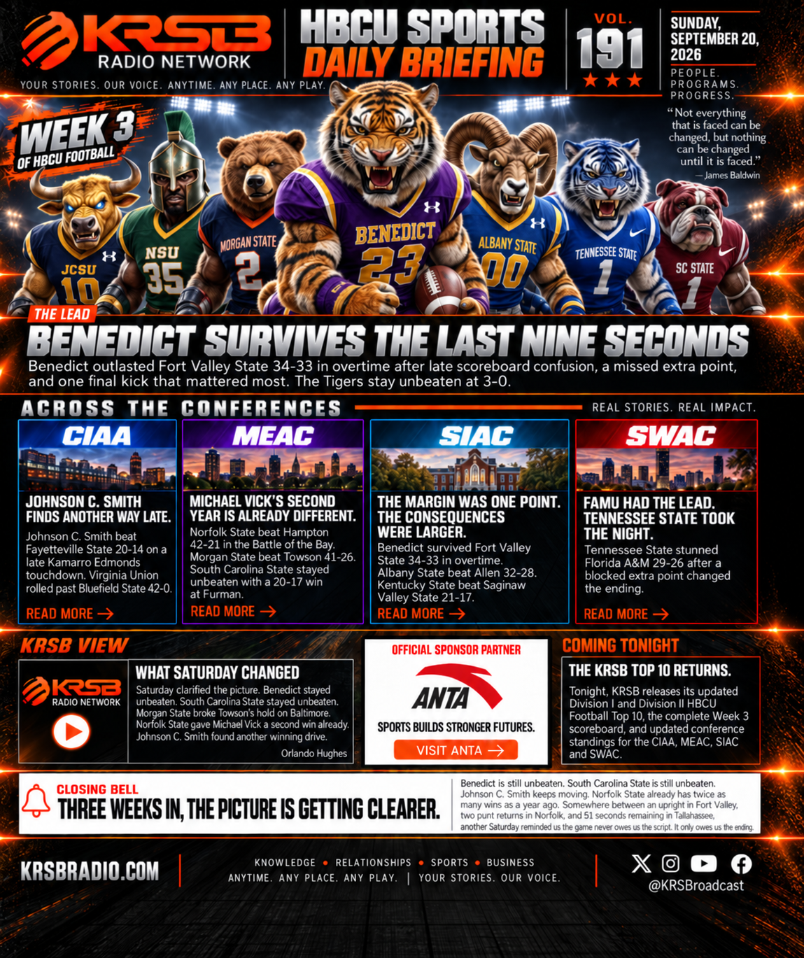 KRSB HBCU Sports Daily Briefing Volume 191 Week 3 Sunday Results Edition